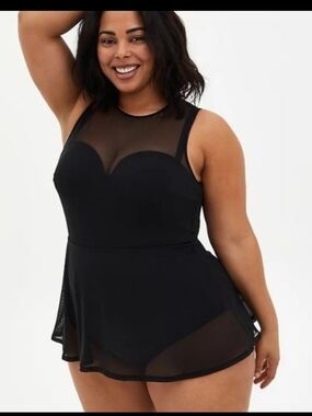 Torrid Black Mesh Underwire Peplum Long One-Piece Swim Dress Size 1-DD/DDD NWT
